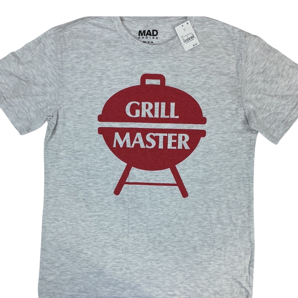 Mad Engine Grill Master Graphic T-Shirt Mens Gray BBQ Cookout Crew Neck‎ Top